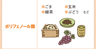 ポリフェノール類:ごま,緑茶,玄米,ぶどうなど
