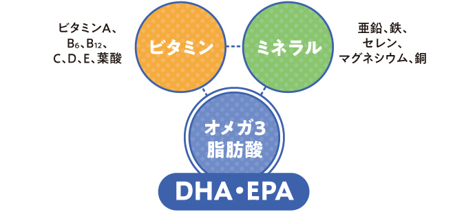ビタミン:ビタミンA、B6、B12、C、D、E、葉酸 ミネラル:亜鉛、鉄、セレン、マグネシウム、銅 オメガ3脂肪酸:DHA・EPA